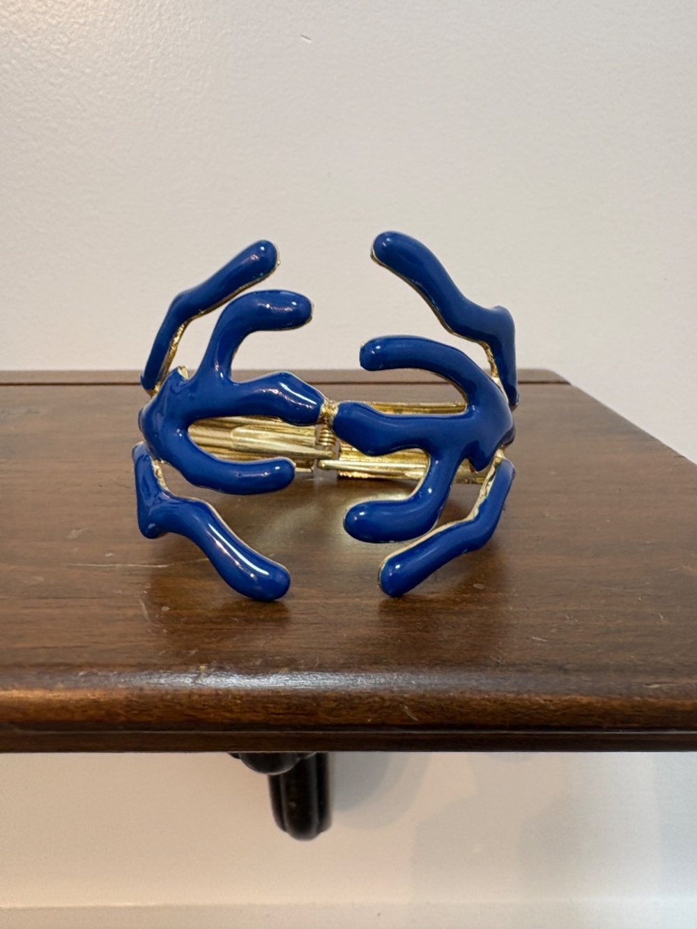 Blue Enamel Seaweed Coral Gold Tone Clamper Cuff Bracelet Coastal Beach Nautical